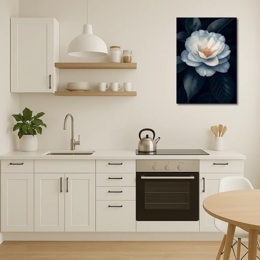 White Camellia Flower Dark Background Botanical Art – Wall Art