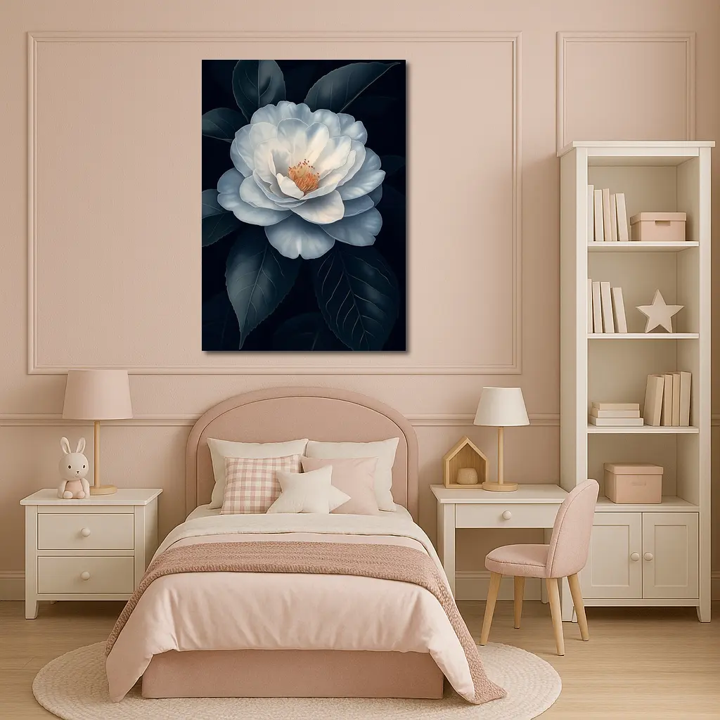 White Camellia Flower Dark Background Botanical Art – Wall Art