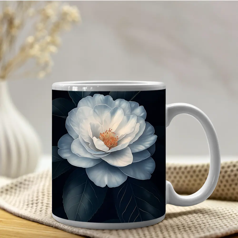 White Camellia Flower Dark Background Botanical Art – Mugs