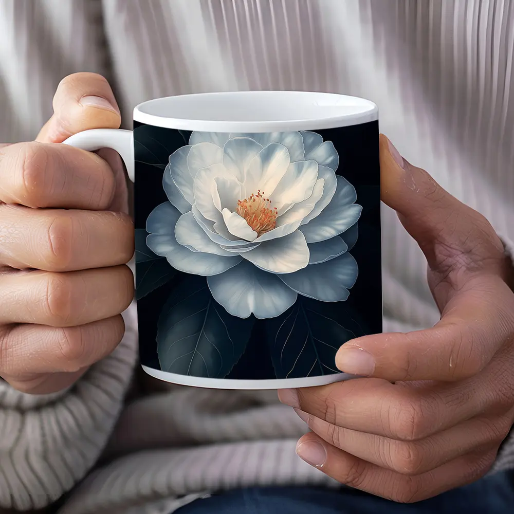 White Camellia Flower Dark Background Botanical Art – Mugs