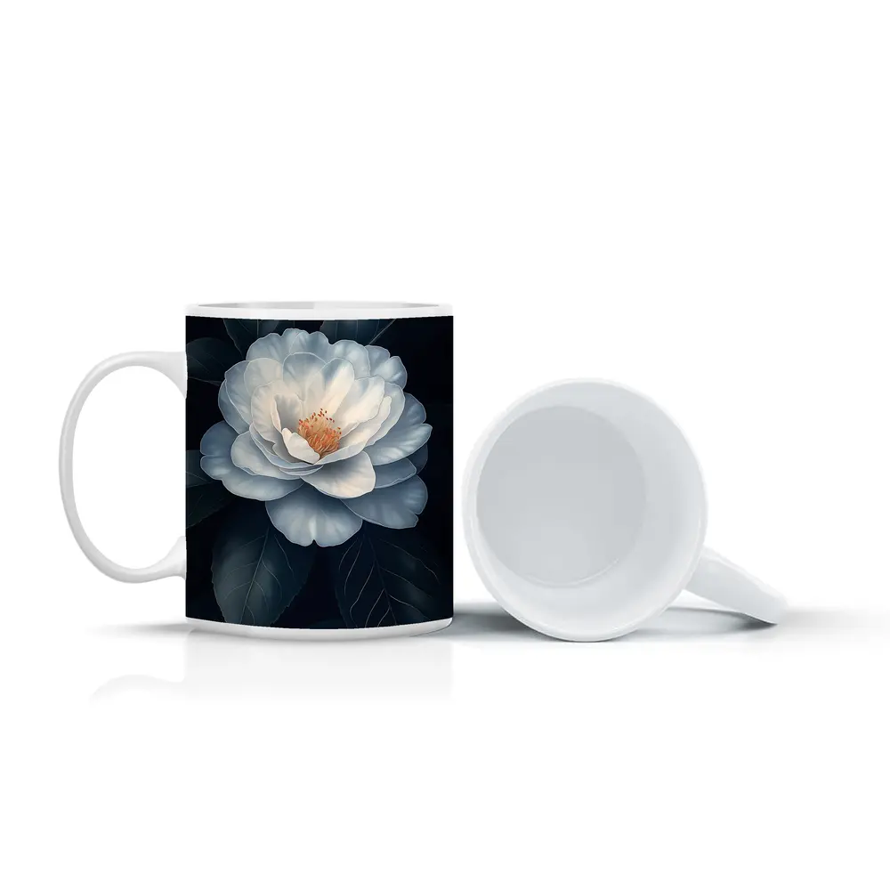 White Camellia Flower Dark Background Botanical Art – Mugs