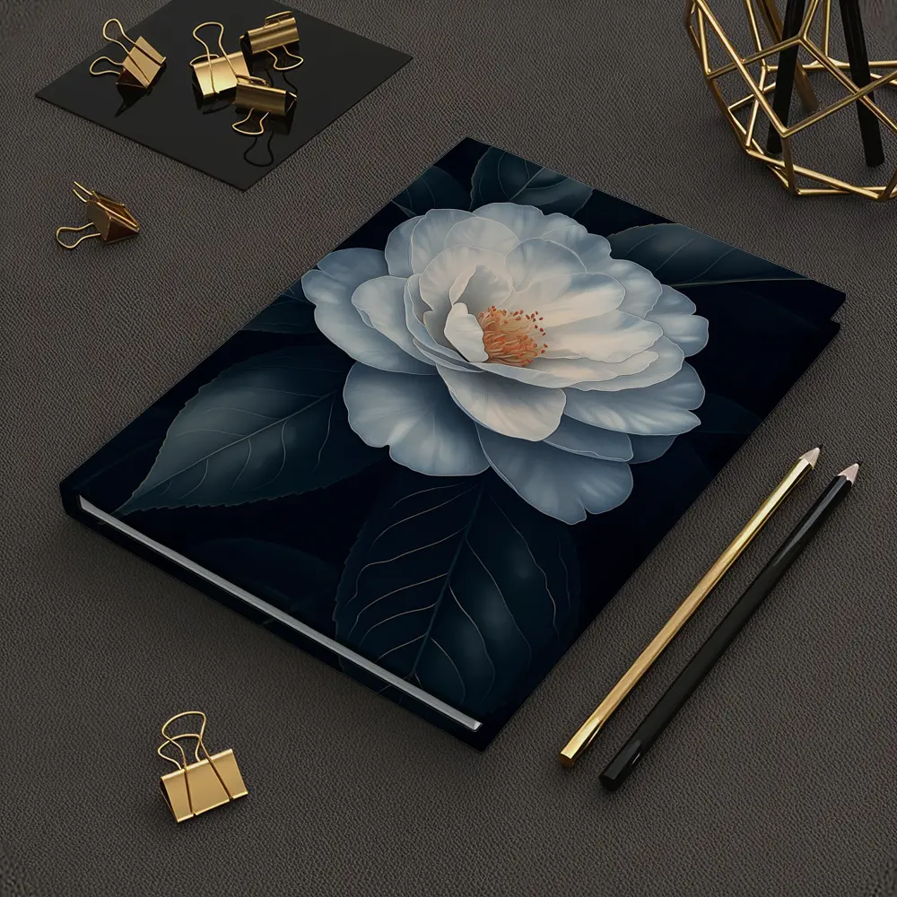 White Camellia Flower Dark Background Botanical Art – Notebooks