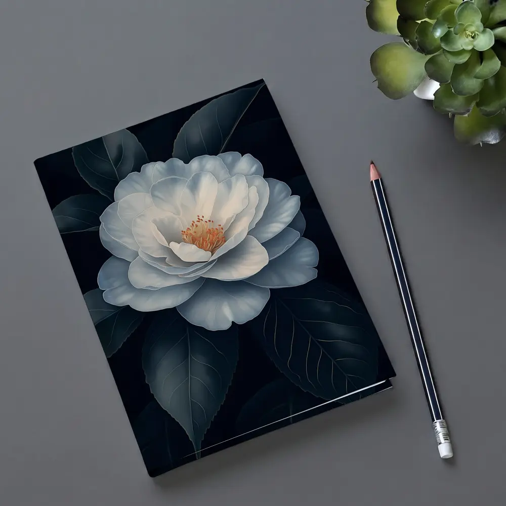 White Camellia Flower Dark Background Botanical Art – Notebooks