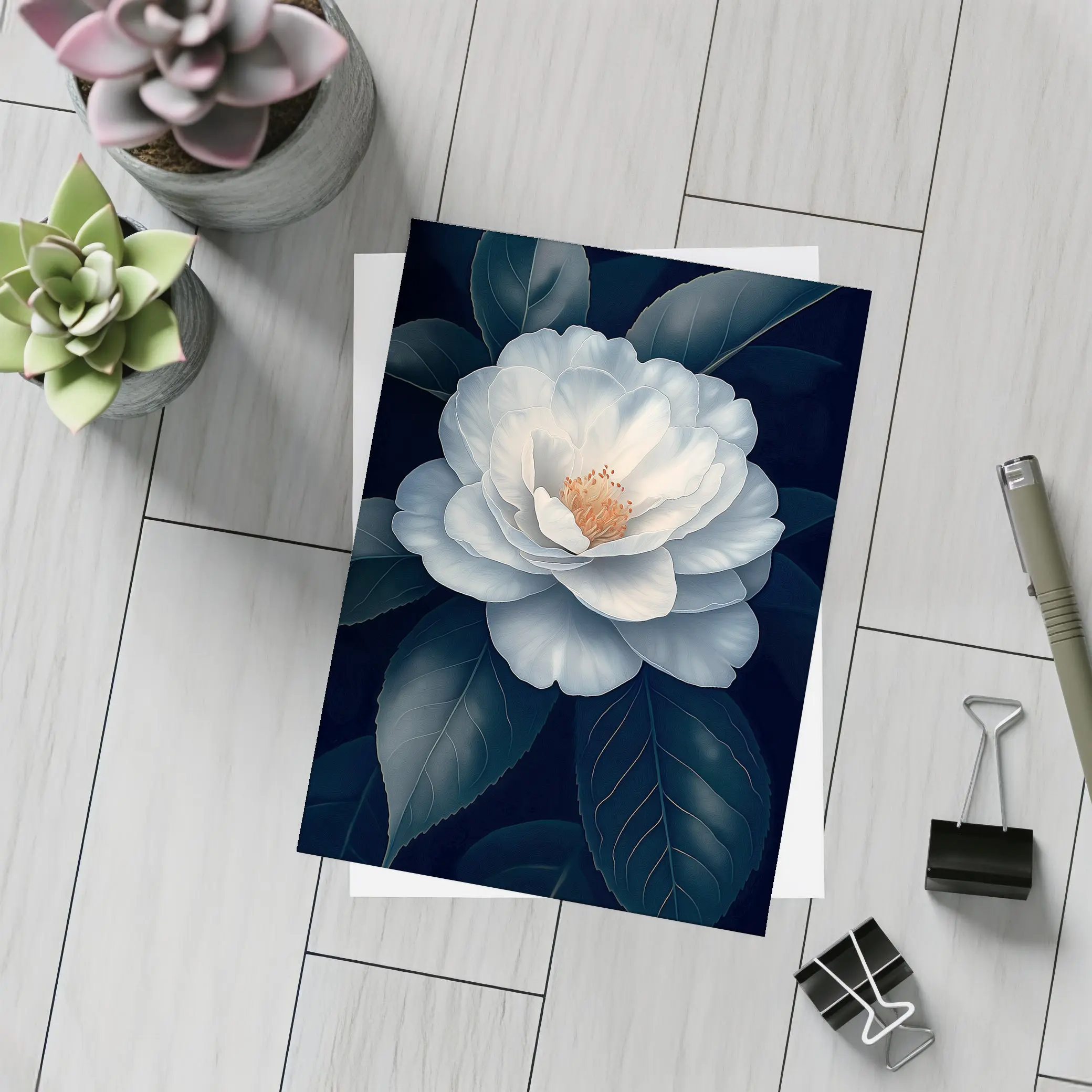 White Camellia Flower Dark Background Botanical Art – Postcards