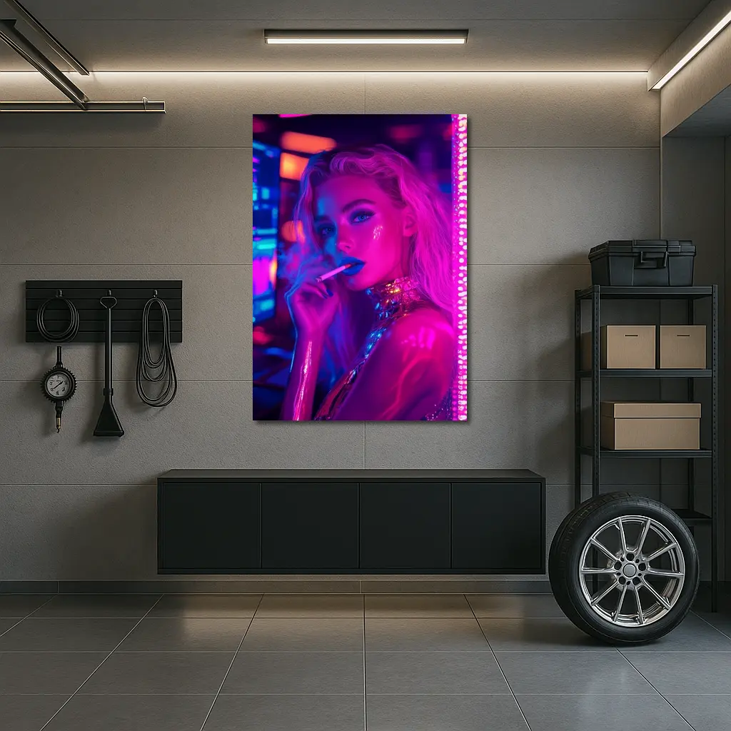 Neon Lit Blonde Woman Smoking Cyberpunk Style – Wall Art