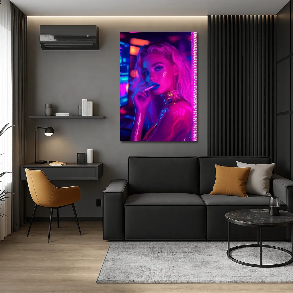 Neon Lit Blonde Woman Smoking Cyberpunk Style – Wall Art