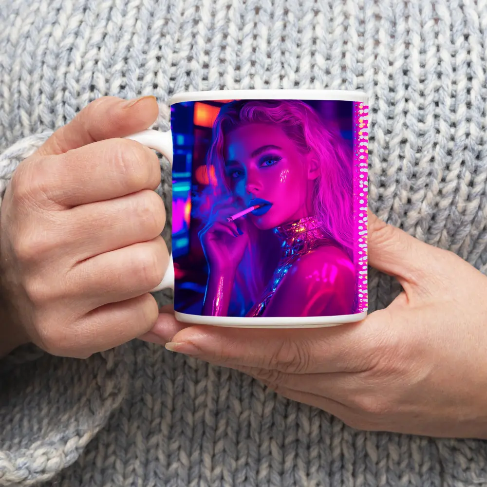 Neon Lit Blonde Woman Smoking Cyberpunk Style – Mugs