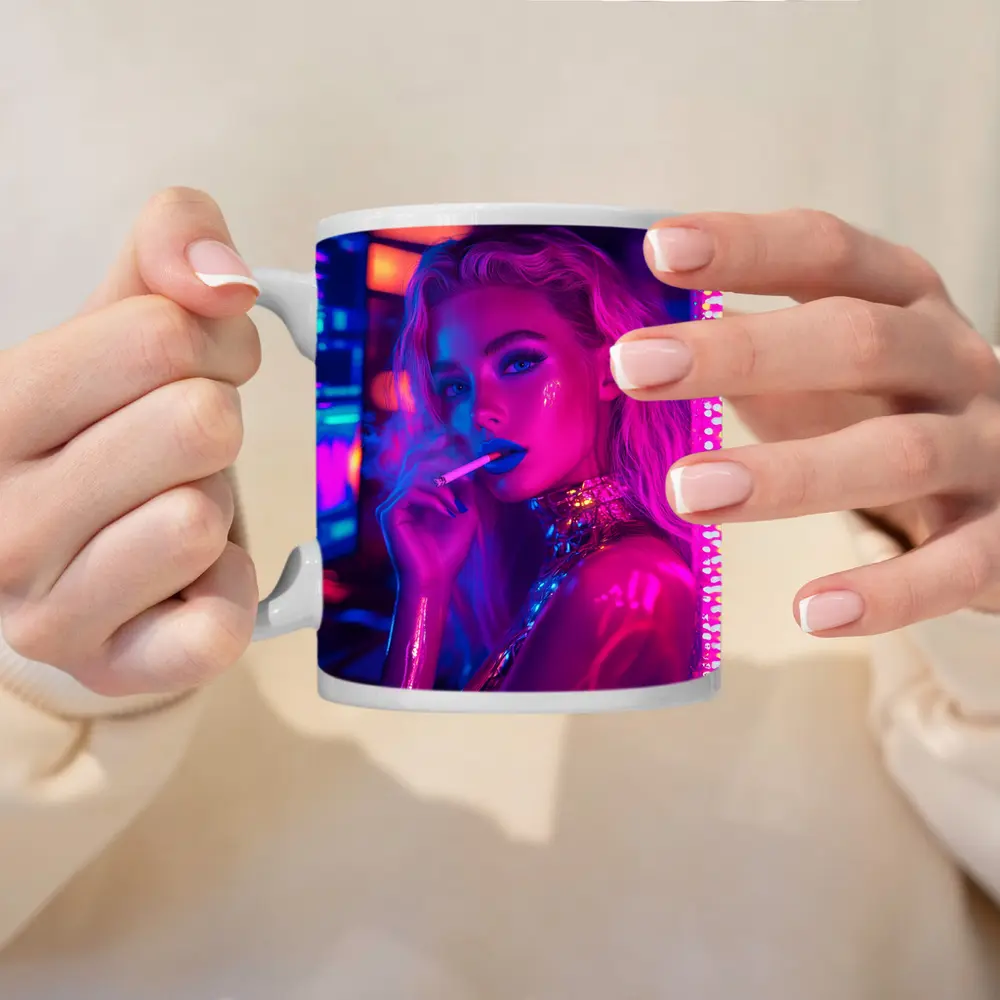 Neon Lit Blonde Woman Smoking Cyberpunk Style – Mugs