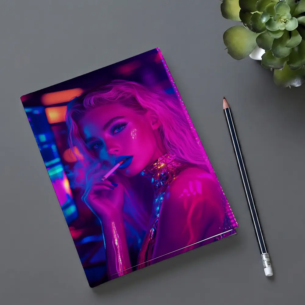 Neon Lit Blonde Woman Smoking Cyberpunk Style – Notebooks