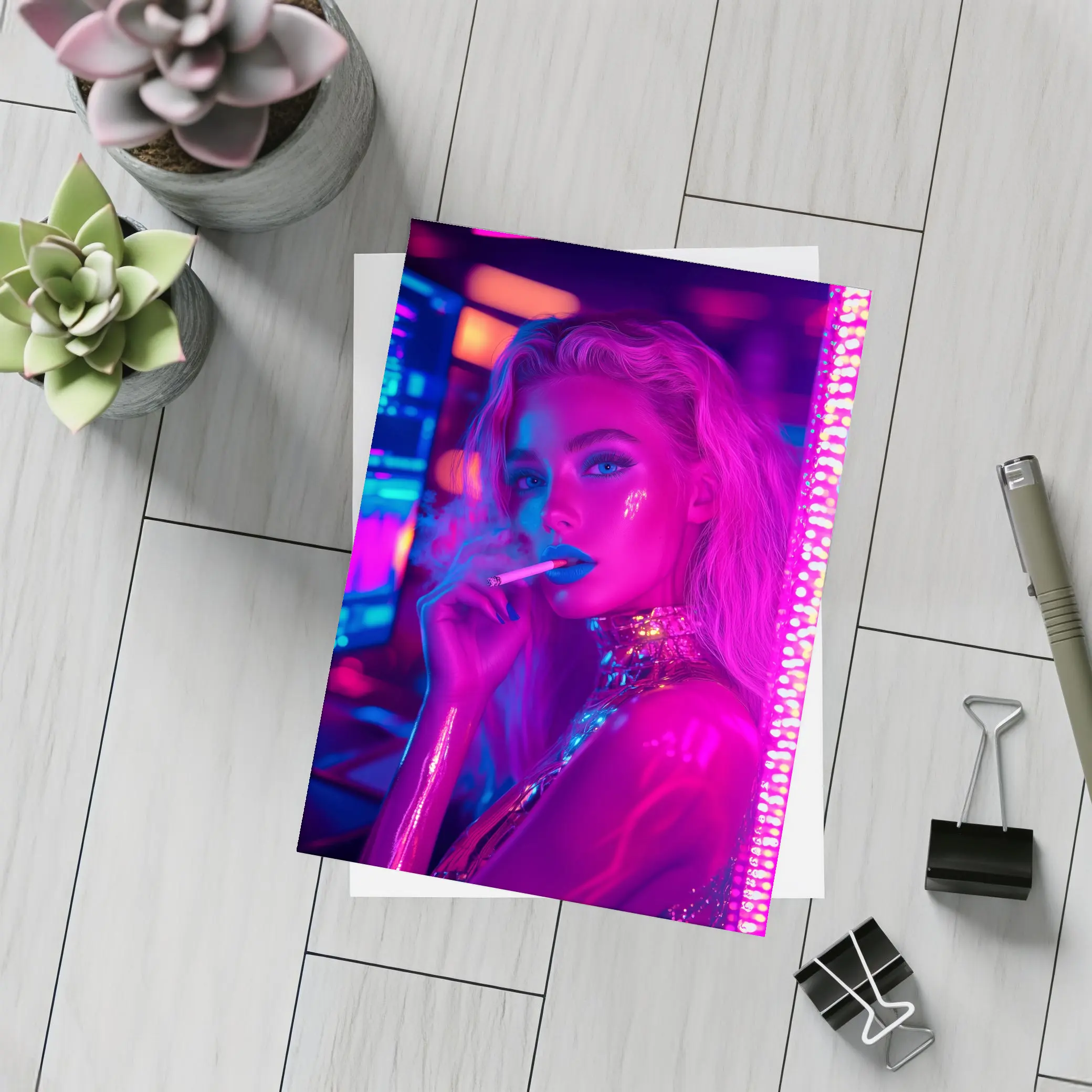Neon Lit Blonde Woman Smoking Cyberpunk Style – Postcards