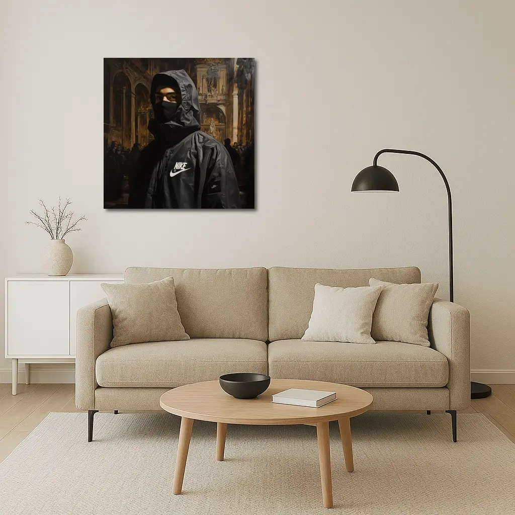 Nike Hooded Figure Baroque Church Painting – Wall Art