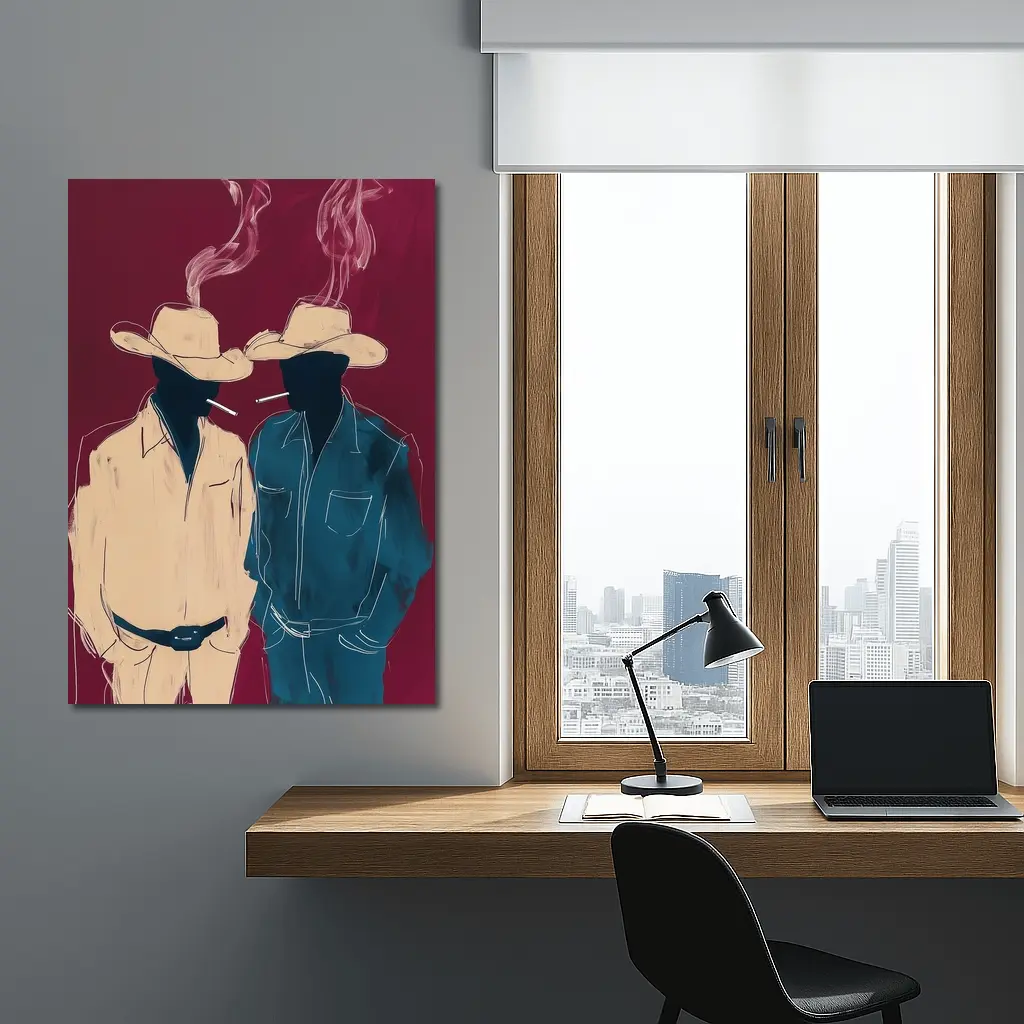 Two Cowboys Smoking Dark Red Background – Wall Art