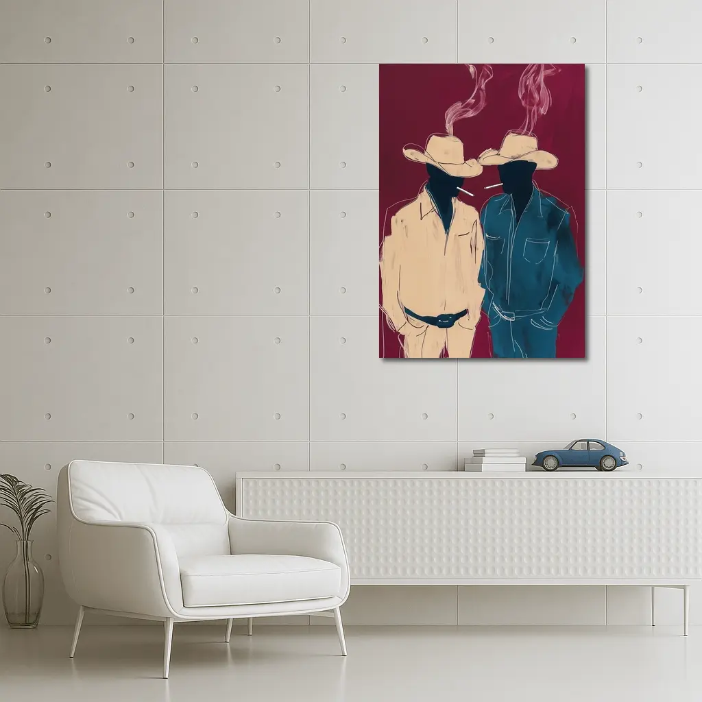 Two Cowboys Smoking Dark Red Background – Wall Art