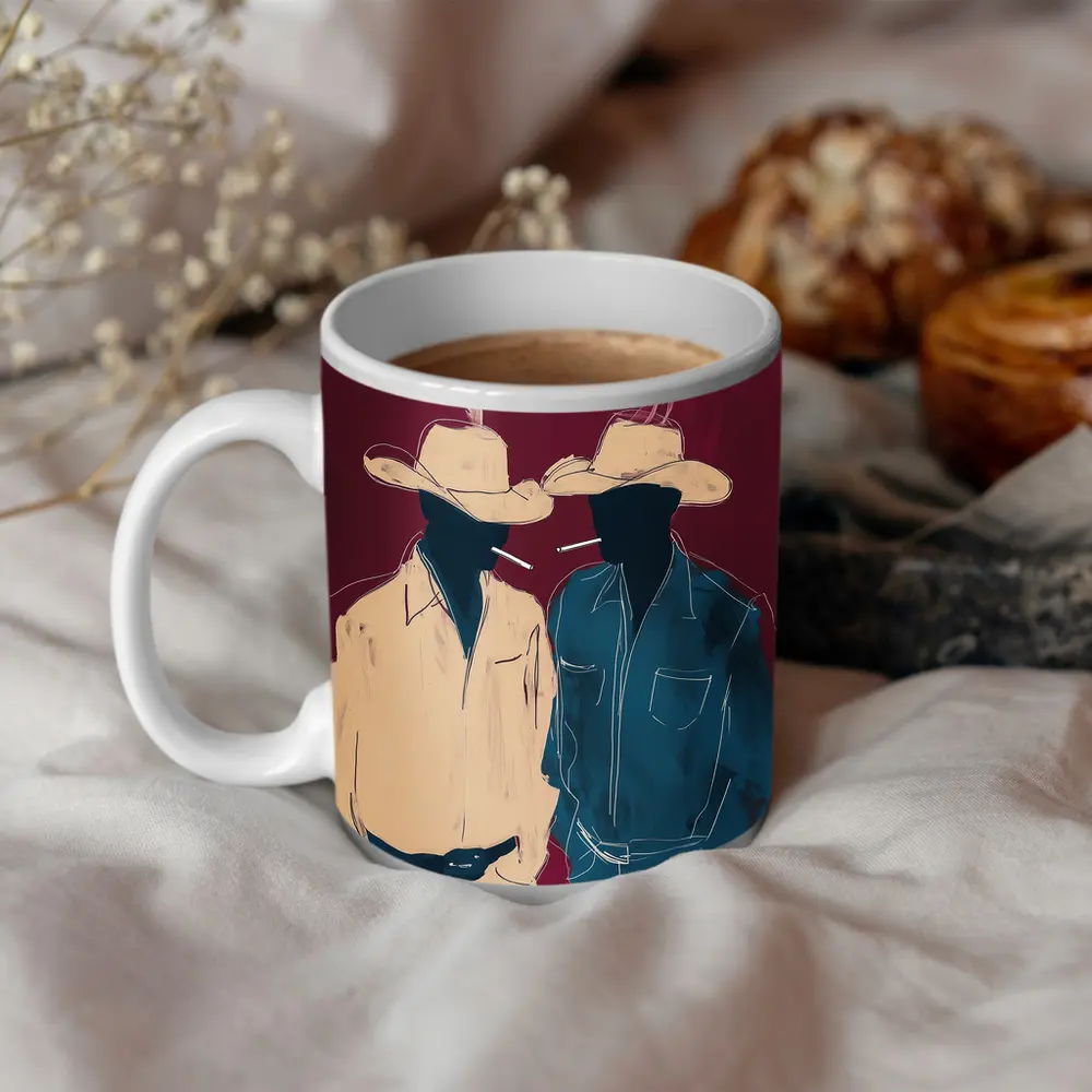 Two Cowboys Smoking Dark Red Background – Mugs