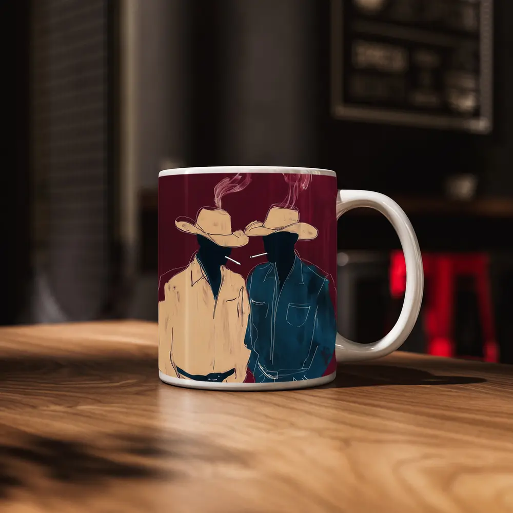 Two Cowboys Smoking Dark Red Background – Mugs