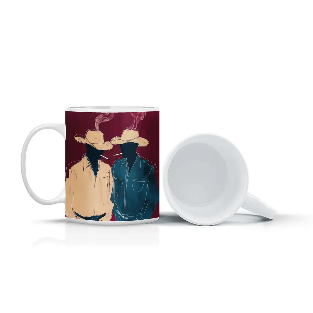 Two Cowboys Smoking Dark Red Background – Mugs