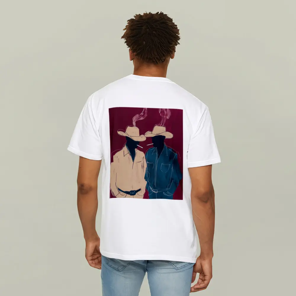 Two Cowboys Smoking Dark Red Background – T-Shirts