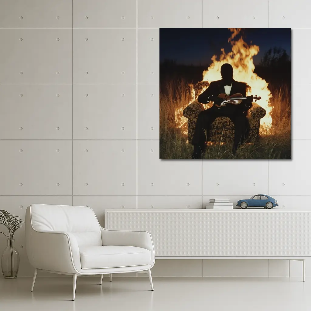 Silhouette Violinist Sitting Before Flames Night – Wall Art
