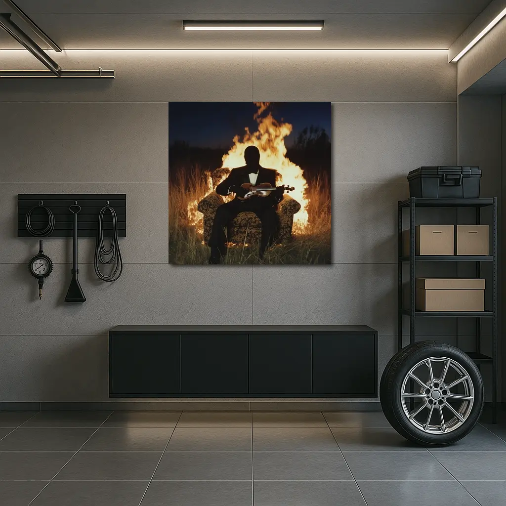 Silhouette Violinist Sitting Before Flames Night – Wall Art