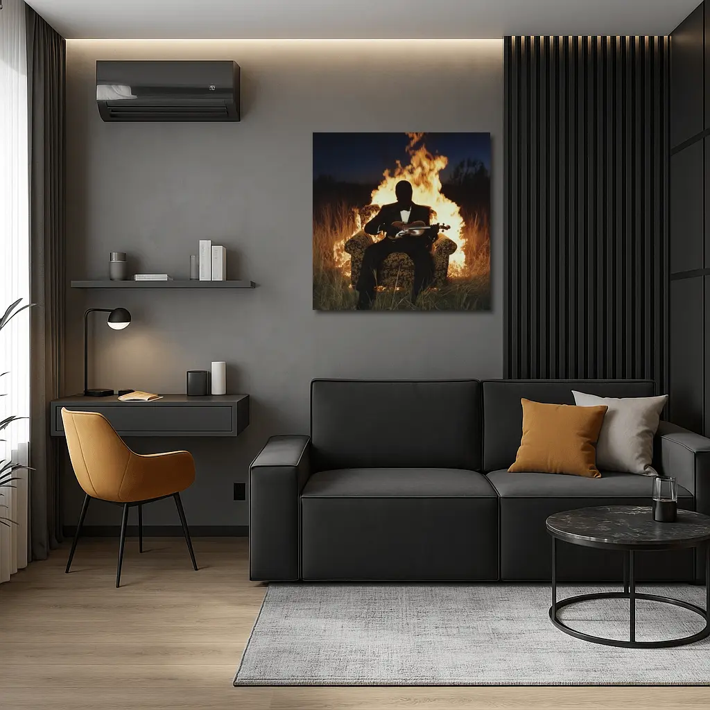 Silhouette Violinist Sitting Before Flames Night – Wall Art