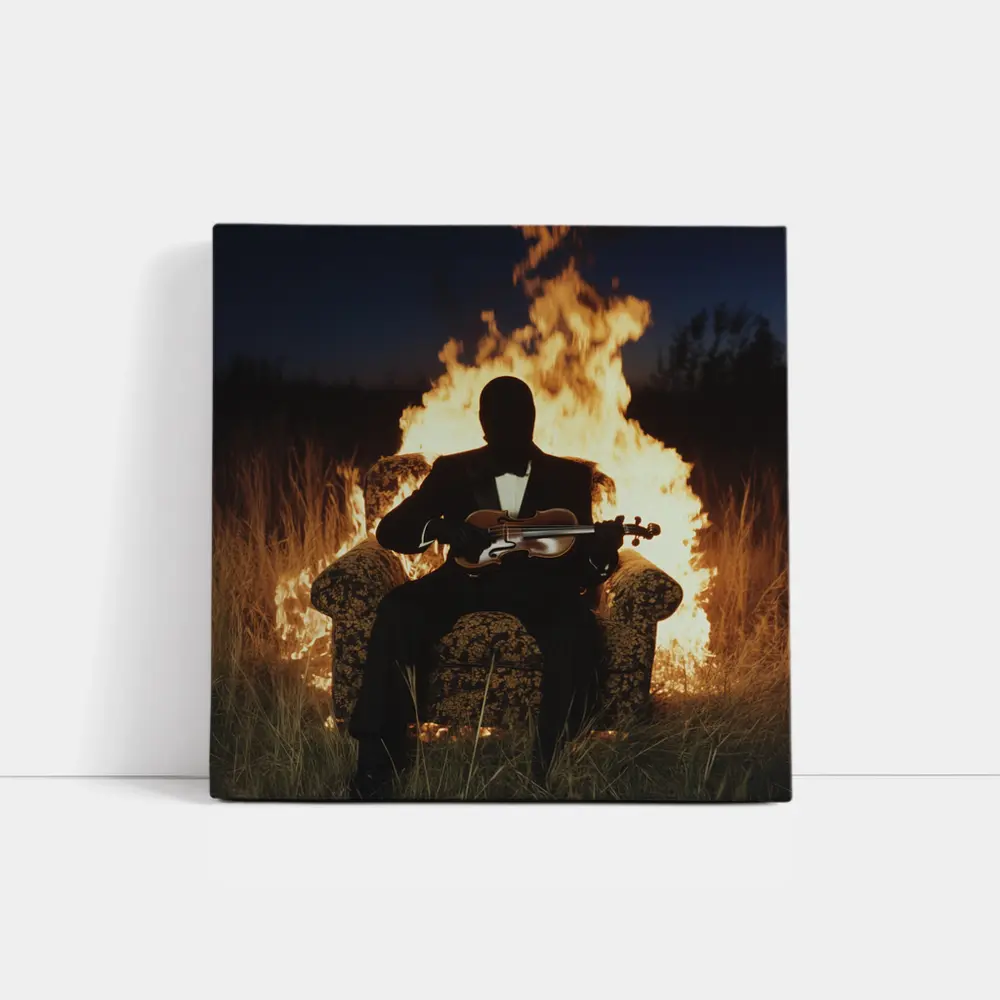 Silhouette Violinist Sitting Before Flames Night – Wall Art
