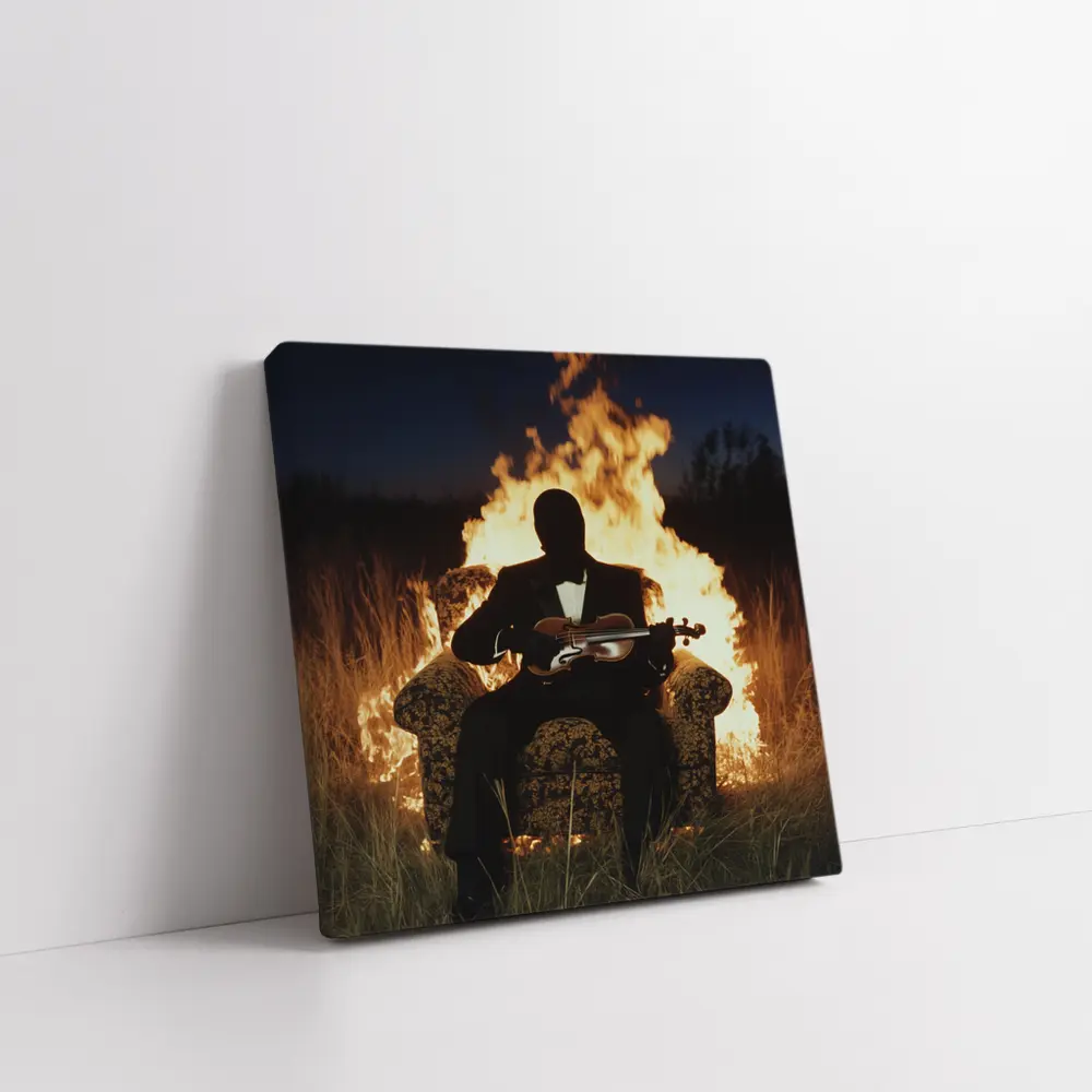 Silhouette Violinist Sitting Before Flames Night – Wall Art