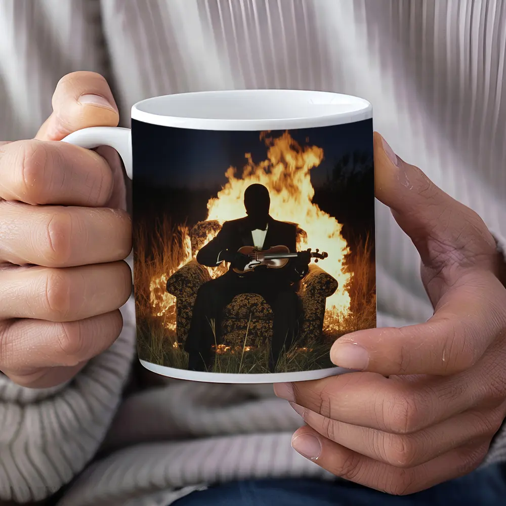 Silhouette Violinist Sitting Before Flames Night – Mugs