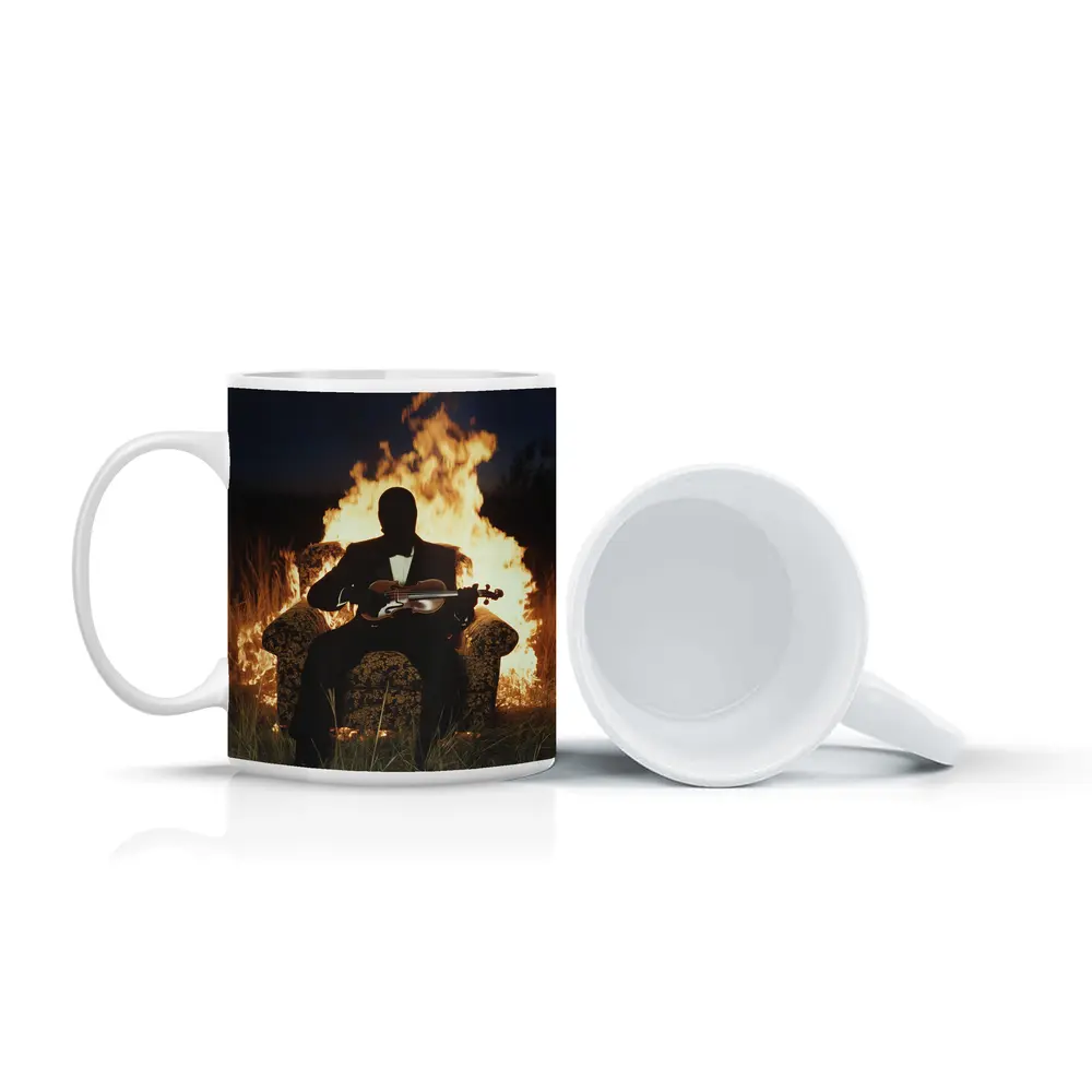 Silhouette Violinist Sitting Before Flames Night – Mugs