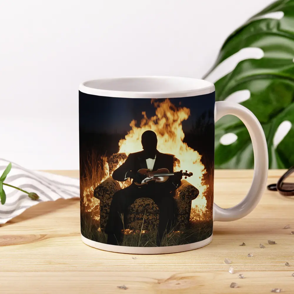 Silhouette Violinist Sitting Before Flames Night – Mugs