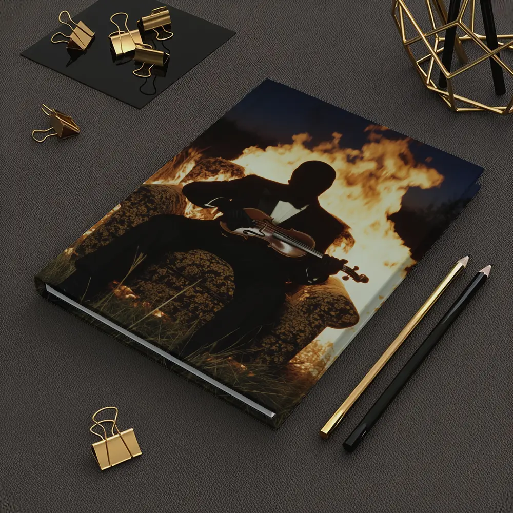 Silhouette Violinist Sitting Before Flames Night – Notebooks