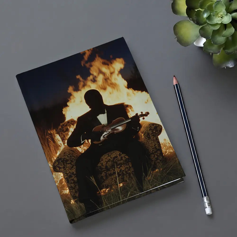 Silhouette Violinist Sitting Before Flames Night – Notebooks