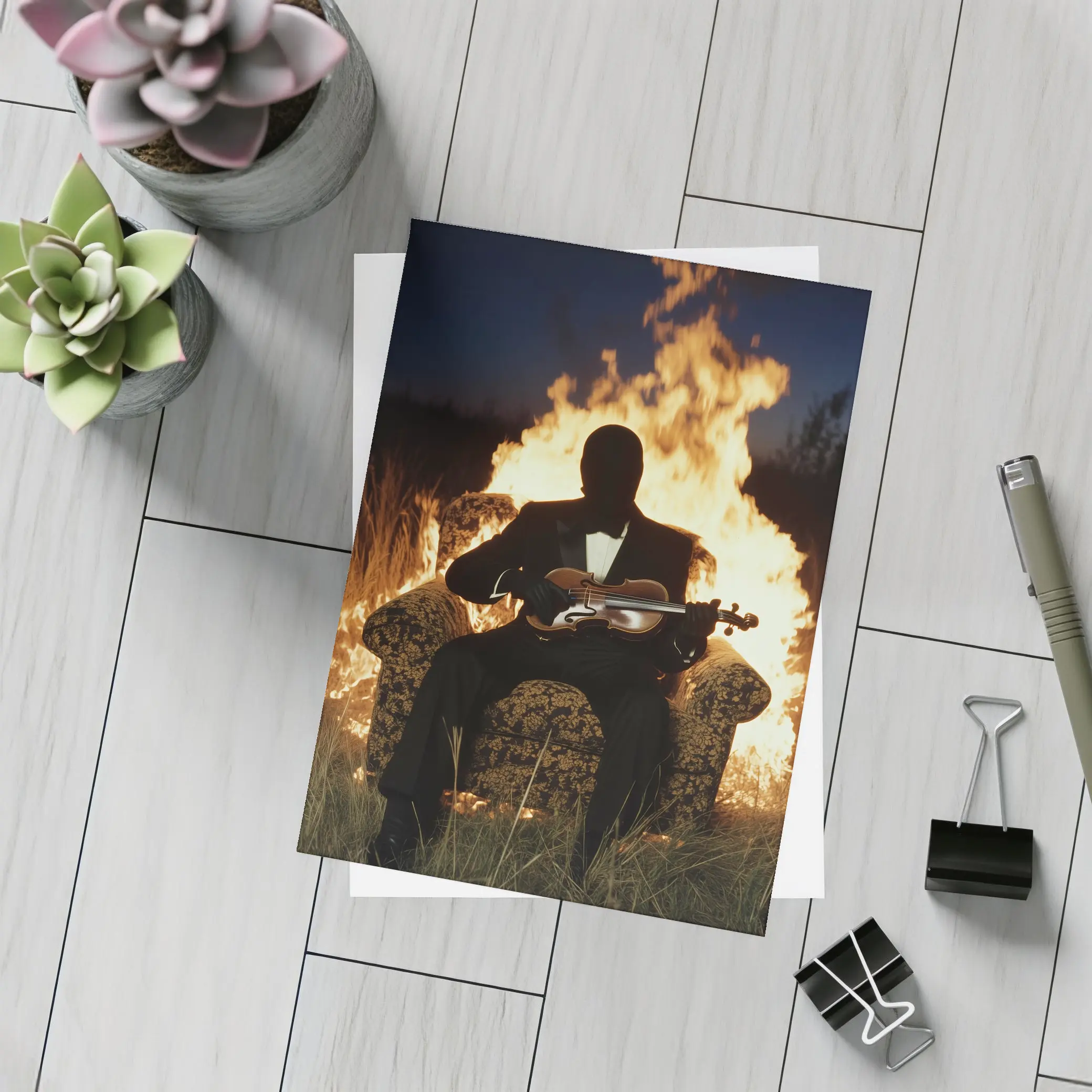 Silhouette Violinist Sitting Before Flames Night – Postcards