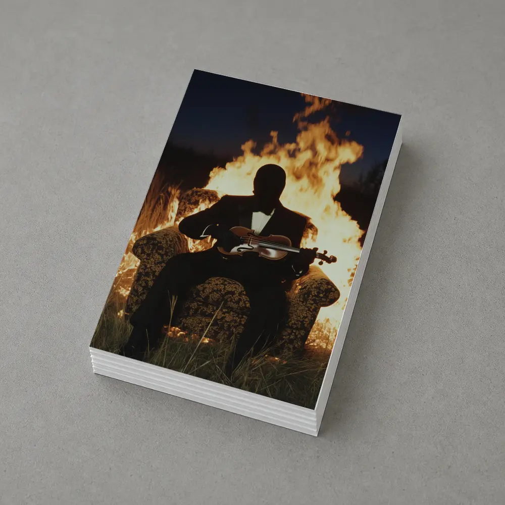 Silhouette Violinist Sitting Before Flames Night – Postcards