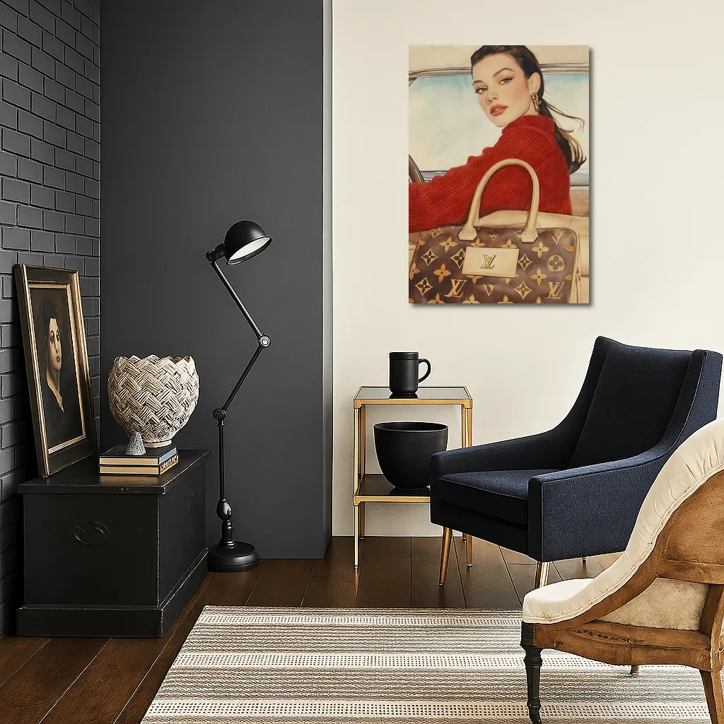 Elegant Woman Red Sweater Luxury Bag Car – Wall Art