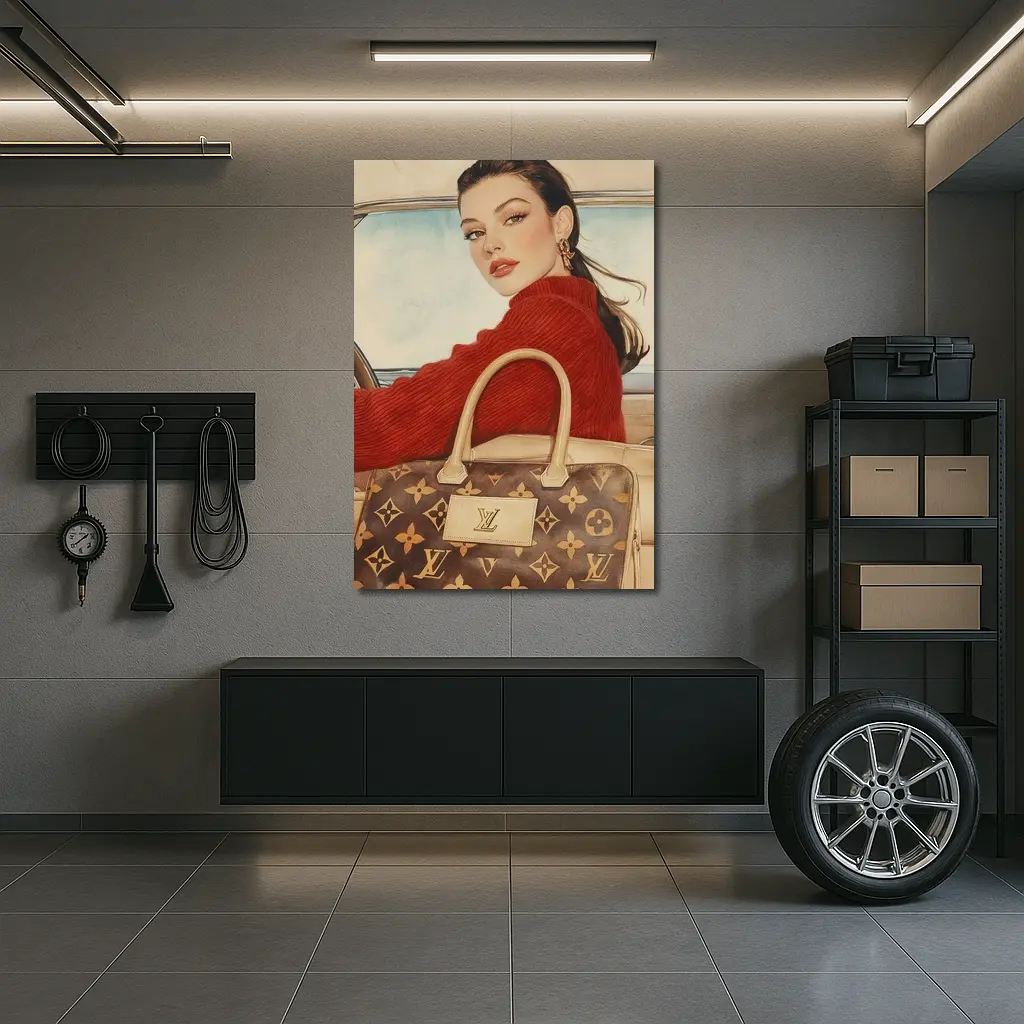 Elegant Woman Red Sweater Luxury Bag Car – Wall Art