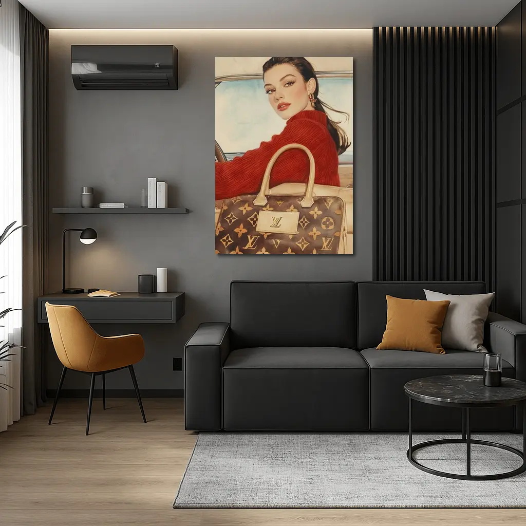 Elegant Woman Red Sweater Luxury Bag Car – Wall Art
