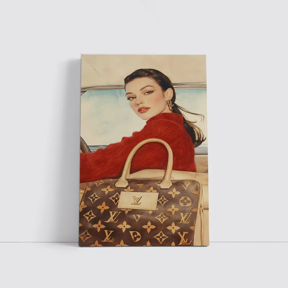 Elegant Woman Red Sweater Luxury Bag Car – Wall Art