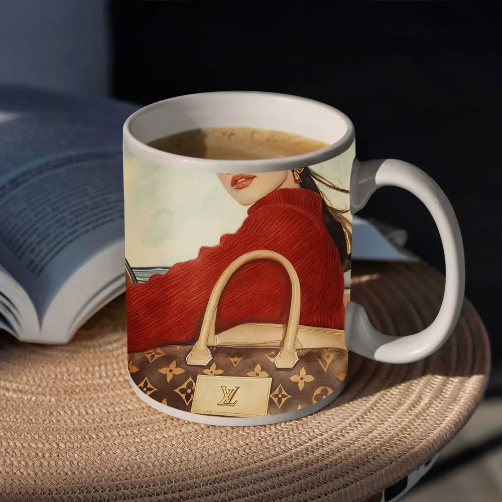 Elegant Woman Red Sweater Luxury Bag Car – Mugs