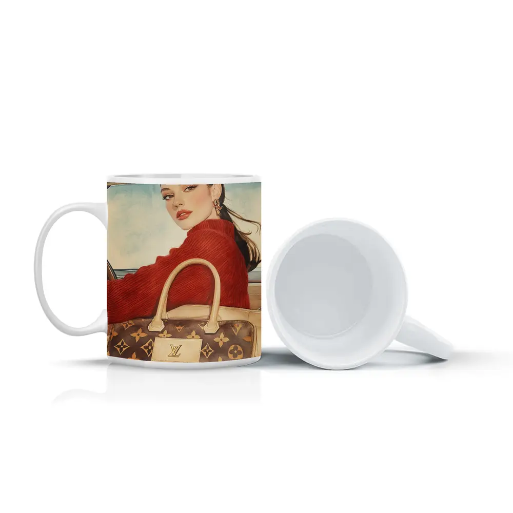 Elegant Woman Red Sweater Luxury Bag Car – Mugs