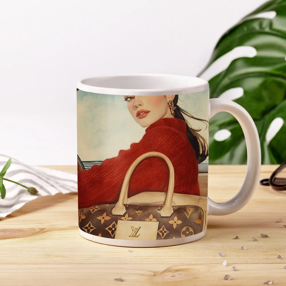 Elegant Woman Red Sweater Luxury Bag Car – Mugs