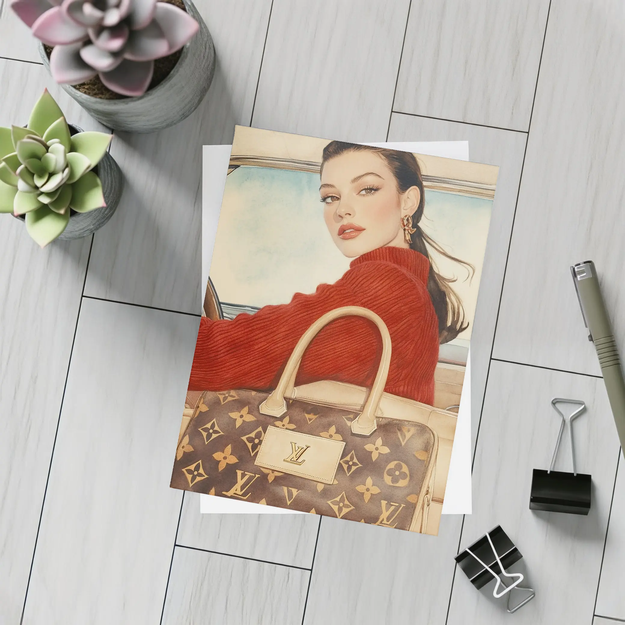 Elegant Woman Red Sweater Luxury Bag Car – Postcards