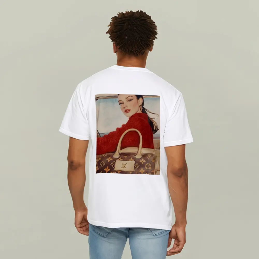 Elegant Woman Red Sweater Luxury Bag Car – T-Shirts