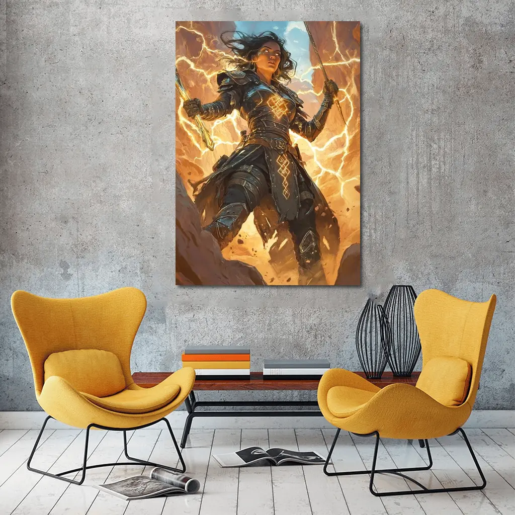 Female Warrior Lightning Runes Fantasy Desert Art – Wall Art