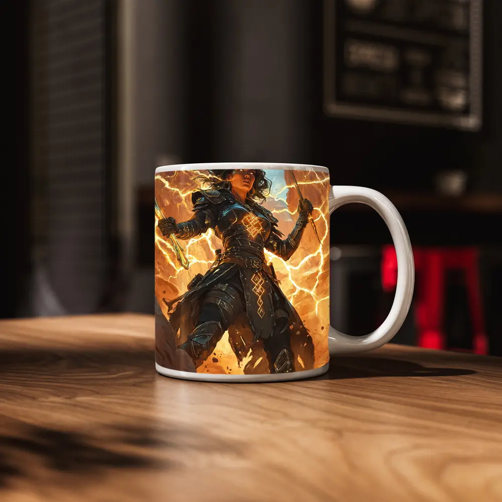 Female Warrior Lightning Runes Fantasy Desert Art – Mugs