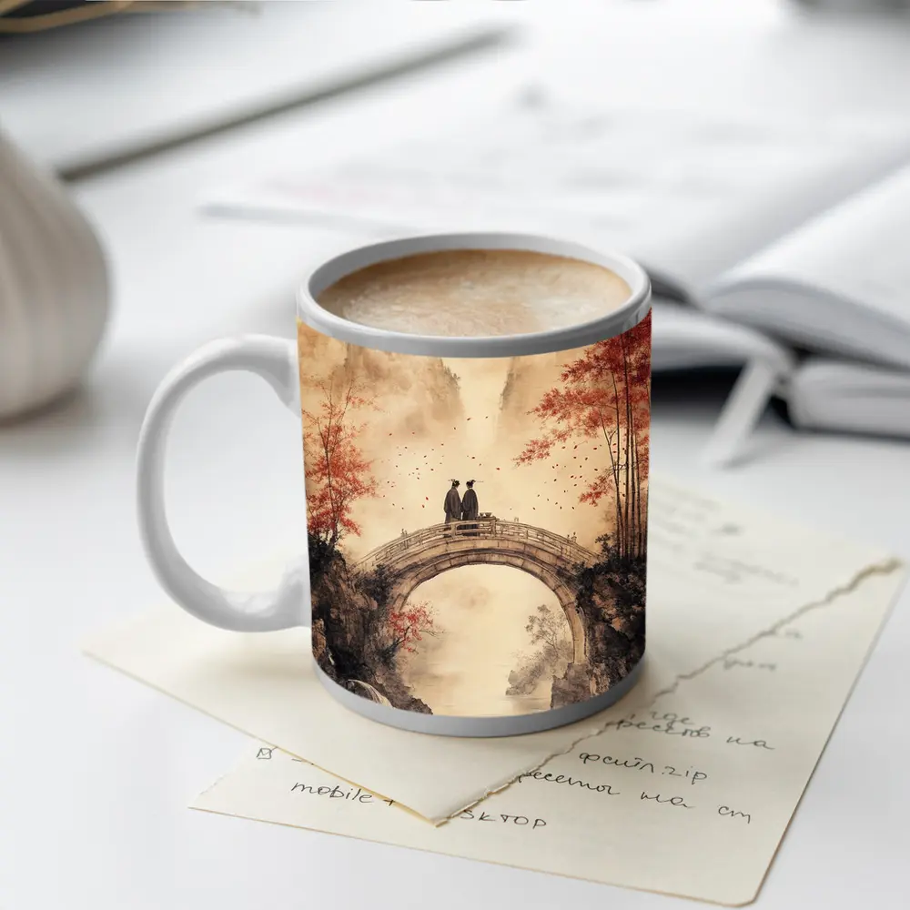 Chinese Ink Painting Two Figures Stone Bridge – Mugs