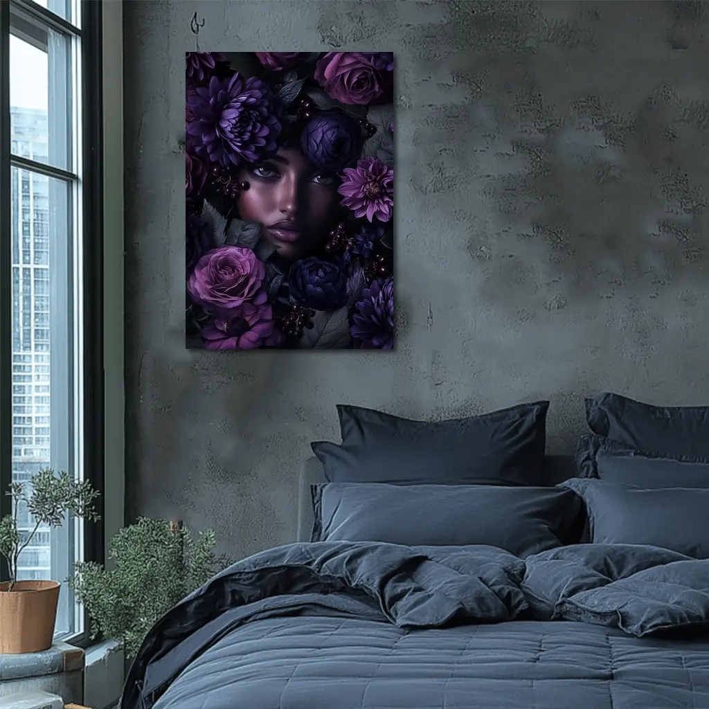 Woman Face Surrounded by Dark Purple Flowers – Wall Art