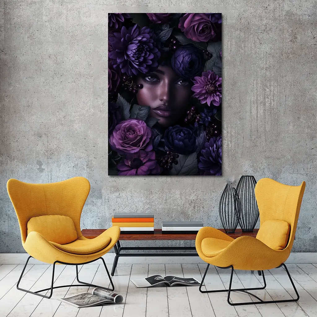 Woman Face Surrounded by Dark Purple Flowers – Wall Art