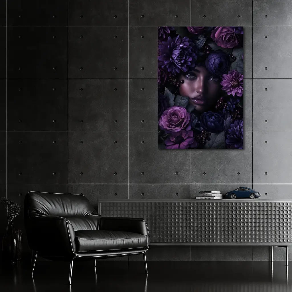 Woman Face Surrounded by Dark Purple Flowers – Wall Art