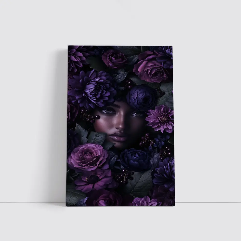Woman Face Surrounded by Dark Purple Flowers – Wall Art