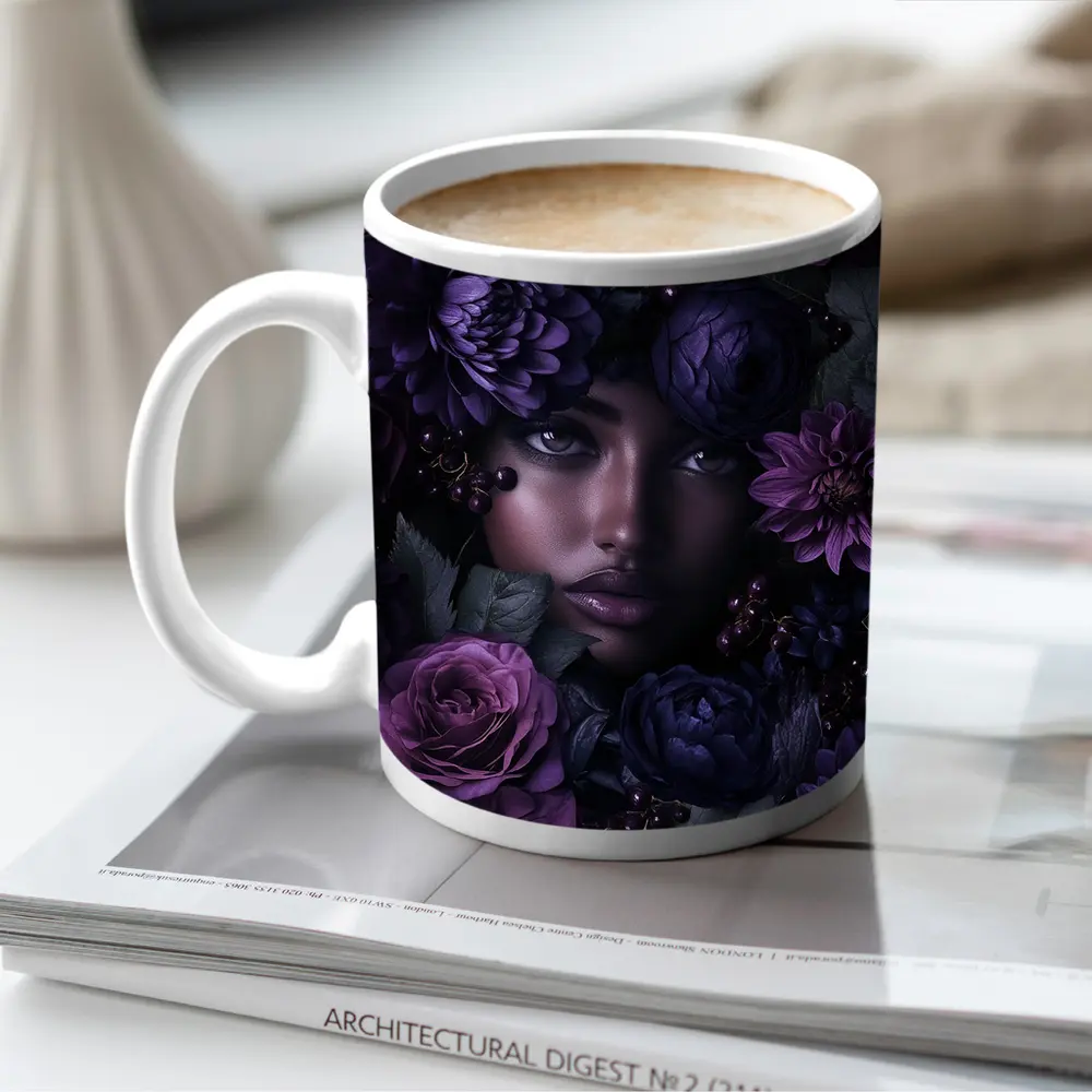 Woman Face Surrounded by Dark Purple Flowers – Mugs